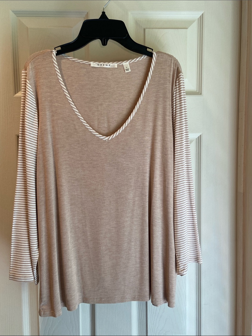Cyrus Taupe V-Neck Tunic with White-Striped Sleeves